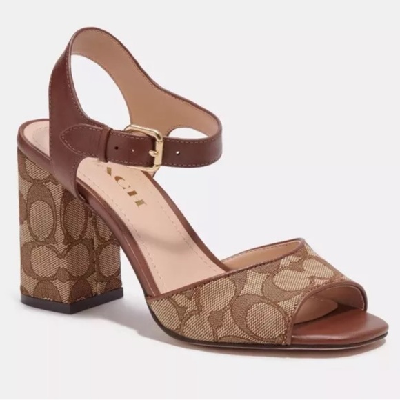 Coach Women Marla In Signature Jacquard Logo Sandals Block Heel Khaki Sz 10 NWB - Picture 2 of 12